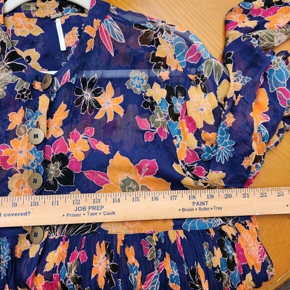 Free People Purple Floral Pleated Sheer Button Up Blouse Tunic Top Dress sz XS - Picture 10 of 12